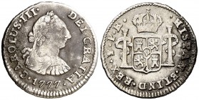 1777. Carlos III. Potosí. PR. 1/2 real. (AC. 245). 1,69 g. Oxidaciones. (MBC-/MBC+).