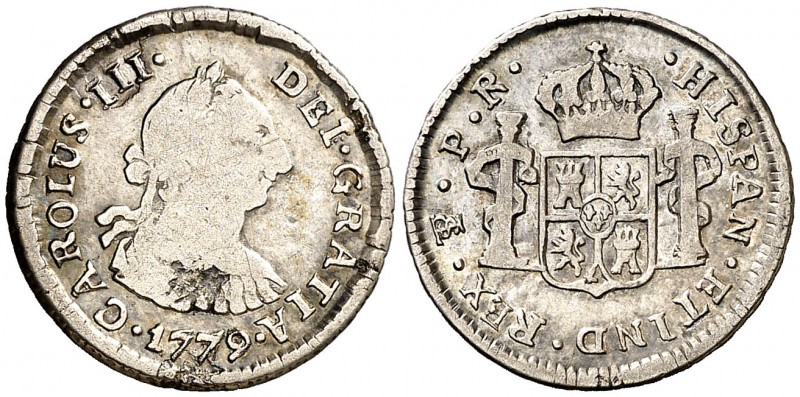 1779. Carlos III. Potosí. PR. 1/2 real. (AC. 252). 1,65 g. Hojas. Ex Áureo 16/10...