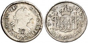 1779. Carlos III. Potosí. PR. 1/2 real. (AC. 252). 1,65 g. Hojas. Ex Áureo 16/10/1996, nº 2375. (BC).