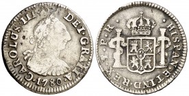 1780. Carlos III. Potosí. PR. 1/2 real. (AC. 253). 1,61 g. Manchitas. BC/MBC-.