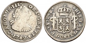 1782/1. Carlos III. Potosí. PR. 1/2 real. (AC. 255). 1,59 g. Ex Colección Iriarte, Áureo 04/03/1998, nº 111. BC+/MBC.