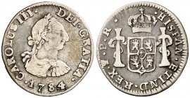 1784. Carlos III. Potosí. PR. 1/2 real. (AC. 261). 1,60 g. Ex Colección Iriarte, Áureo 04/03/1998, nº 113. MBC-.