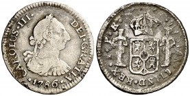 1786. Carlos III. Potosí. PR. 1/2 real. (AC. 263). 1,80 g. Hojitas. (BC+).