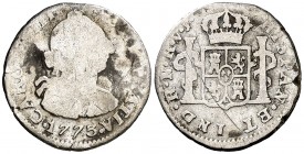 1773. Carlos III. Santa Fe de Nuevo Reino. VJ. 1/2 real. (AC. 270) (Restrepo 32-3). 1,60 g. Muy rara. MC.