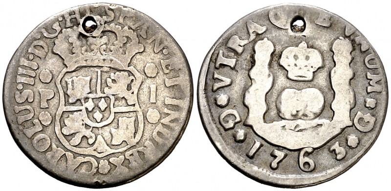 1763. Carlos III. Guatemala. P. 1 real. (AC. 323). 3,05 g. Columnario. El 3 de l...