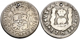 1763. Carlos III. Guatemala. P. 1 real. (AC. 323). 3,05 g. Columnario. El 3 de la fecha muy pequeño. Perforación. Ex Colección Iriarte, Áureo 04/03/19...