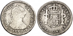 1772. Carlos III. Guatemala. P. 1 real. (AC. 332). 3,14 g. Primer año de busto. Rayitas. Rara. BC/BC+.