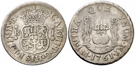1761. Carlos III. Lima. JM. 1 real. (AC. 344). 3,26 g. Columnario. Escasa. BC+/BC.