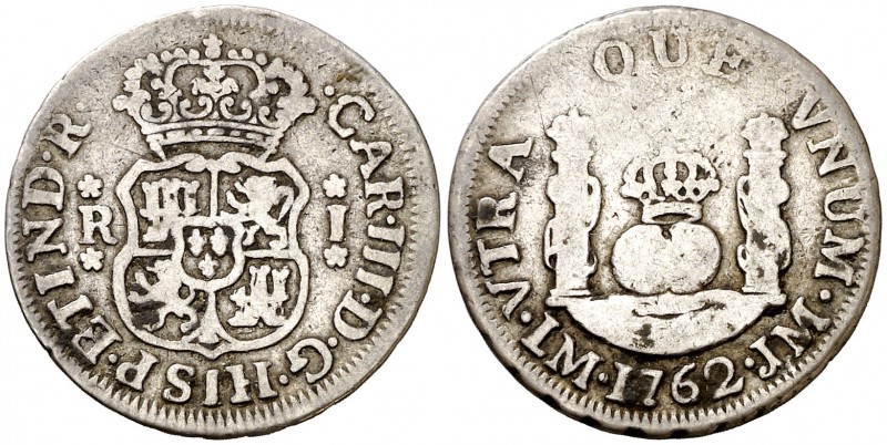 1762. Carlos III. Lima. JM. 1 real. (AC. 345). 3,18 g. Columnario. Escasa. BC+/B...