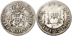 1762. Carlos III. Lima. JM. 1 real. (AC. 345). 3,18 g. Columnario. Escasa. BC+/BC.