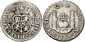 1763. Carlos III. Lima. JM. 1 real. (AC. 346). 3,17 g. Columnario. Rayitas. Ex Áureo 17/12/1996, nº 4369. Escasa. (BC+).