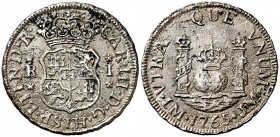1765. Carlos III. Lima. JM. 1 real. (AC. 348). 3,09 g. Columnario. Oxidaciones limpiadas. Ex Áureo 29/09/1998, nº 1575. Escasa. (MBC-).