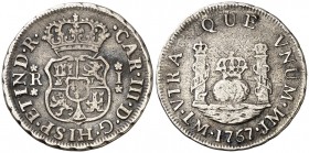 1767. Carlos III. Lima. JM. 1 real. (AC. 350). 3 g. Columnario. Oxidaciones. Ex Áureo 17/12/1997, nº 1697. Escasa. (MBC-/BC+).