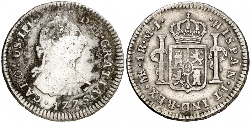 1775. Carlos III. Lima. MJ. 1 real. (AC. 360). 3,32 g. Oxidaciones. Ex Colección...