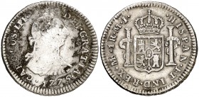 1775. Carlos III. Lima. MJ. 1 real. (AC. 360). 3,32 g. Oxidaciones. Ex Colección Iriarte, Áureo 04/03/1998, nº 150. (BC+/MBC-).