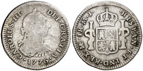 1776. Carlos III. Lima. MJ. 1 real. (AC. 361). 3,25 g. Escasa. BC-/BC.