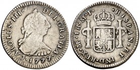 1777. Carlos III. Lima. MJ. 1 real. (AC. 362). 3,14 g. Rayitas. BC+/MBC-.