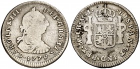 1779. Carlos III. Lima. MJ. 1 real. (AC. 364). 3,27 g. Manchitas. (BC+).