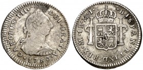 1780. Carlos III. Lima. MJ. 1 real. (AC. 365). 3,31 g. Hojita. BC+/MBC-.