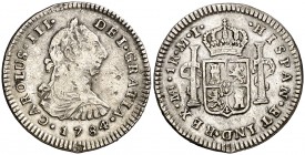 1784. Carlos III. Lima. MI. 1 real. (AC. 370). 3,32 g. Golpecitos. (MBC-).