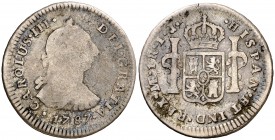 1787. Carlos III. Lima. IJ. 1 real. (AC. 374). 3,20 g. Ex Colección Iriarte, Áureo 04/03/1998, nº 161. BC-/BC.