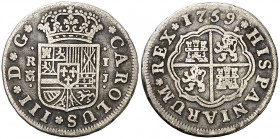 1759. Carlos III. Madrid J. 1 real. (AC. 377). 2,77 g. Ex Colección Iriarte, Áureo 04/03/1998, nº 165. BC+.