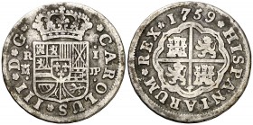 1759. Carlos III. Madrid JP. 1 real. (AC. 378). 2,60 g. Manchitas. Rara, sólo hemos tenido dos ejemplares. BC+.