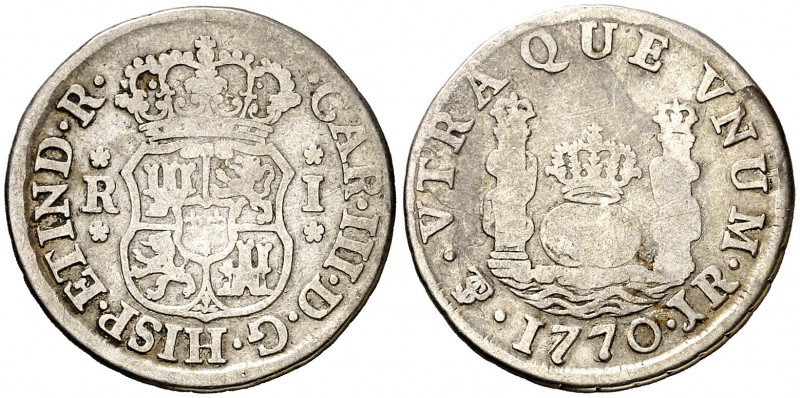 1770. Carlos III. Potosí. JR. 1 real. (AC. 469). 3,22 g. Columnario. Escasa. BC....