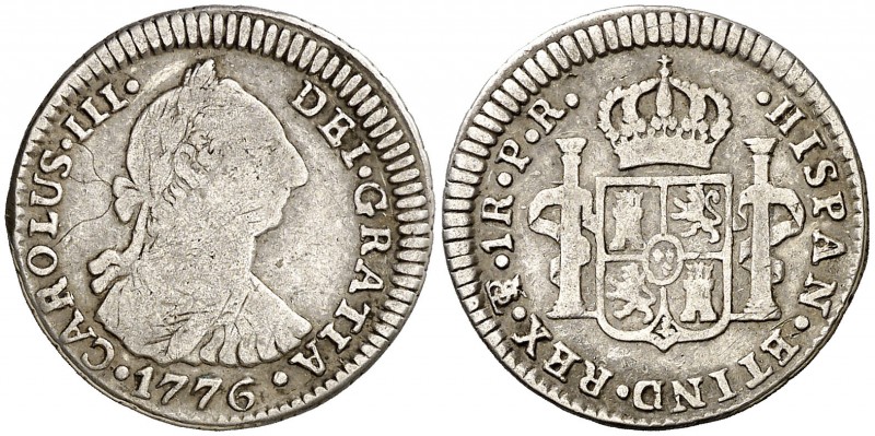 1776. Carlos III. Potosí. PR. 1 real. (AC. 477). 3,27 g. Rayitas. BC+/MBC-.