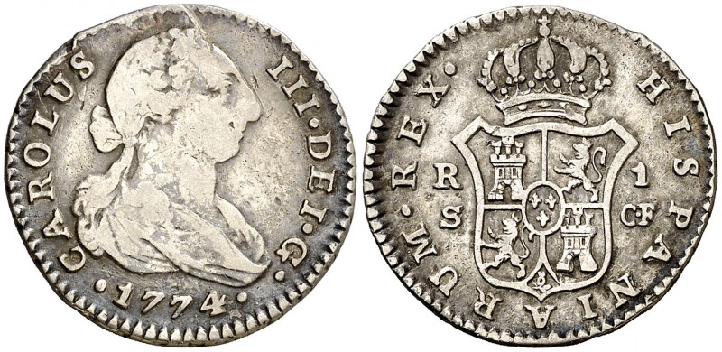 1774. Carlos III. Sevilla. CF. 1 real. (AC. 535). 2,78 g. Rayitas. MBC-/MBC.