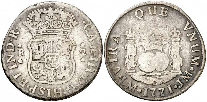 1771. Carlos III. Lima. JM. 2 reales. (AC. 581). 6,35 g. Columnario. Sin punto s...