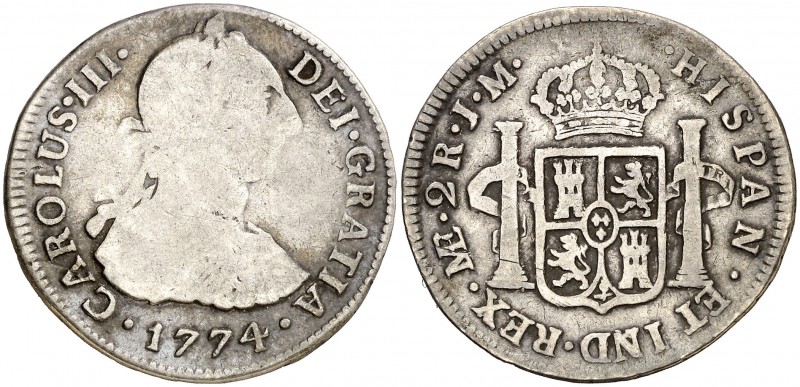 1774. Carlos III. Lima. JM. 2 reales. (AC. 586). 6,43 g. Ex Colección Iriarte, Á...