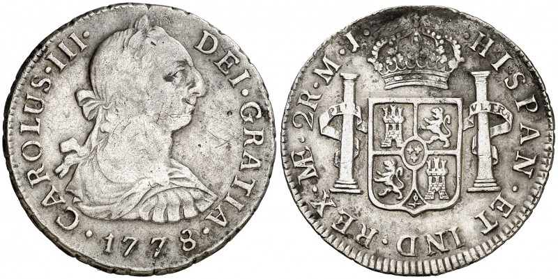 1778. Carlos III. Lima. MJ. 2 reales. (AC. 591). 6,64 g. Rayitas. Oxidación en r...