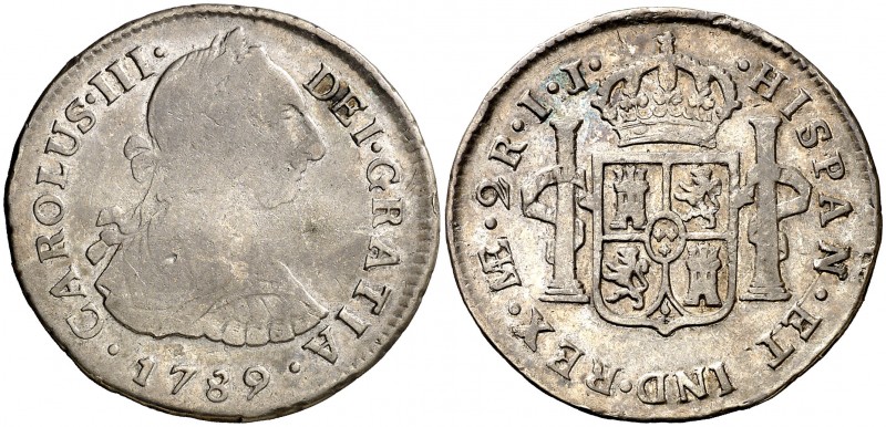 1789. Carlos III. Lima. IJ. 2 reales. (AC. 605). 6,61 g. Acuñación póstuma. BC/B...