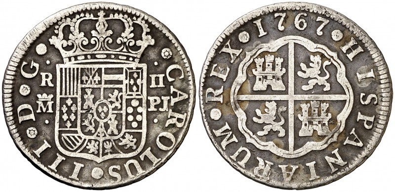 1767. Carlos III. Madrid. PJ. 2 reales. (AC. 615). 5,52 g. Pátina oscura. MBC-/B...