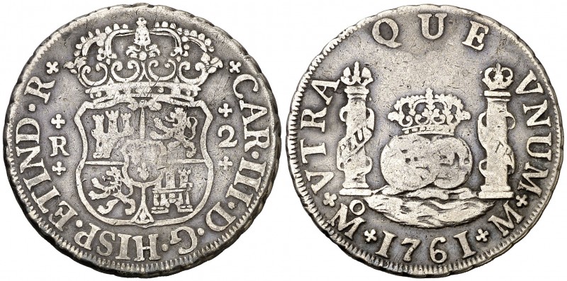 1761. Carlos III. México. M. 2 reales. (AC. 643). 6,60 g. Columnario. BC+.