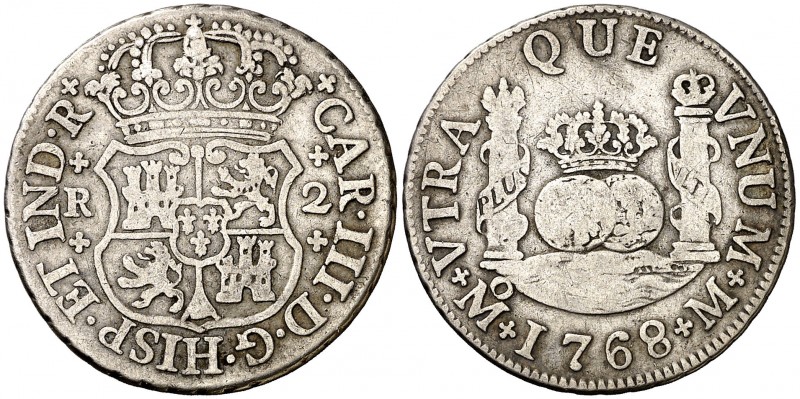 1768. Carlos III. México. M. 2 reales. (AC. 653). 6,56 g. Columnario. BC.