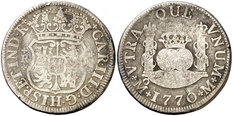 1770. Carlos III. México. M. 2 reales. (AC. 655). 6,24 g. Columnario. Rayitas. E...