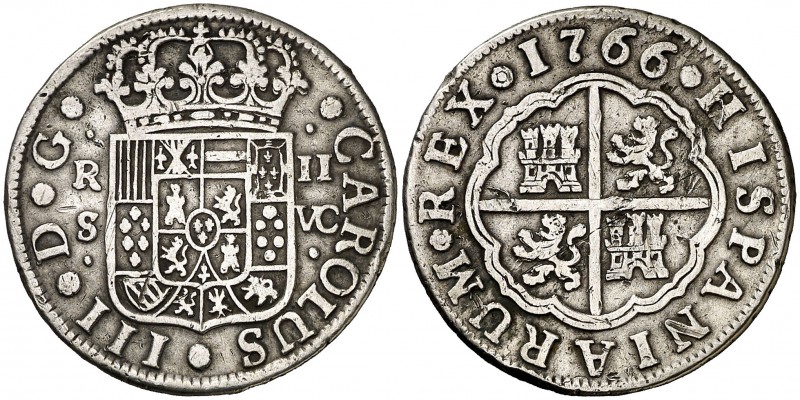 1766. Carlos III. Sevilla. VC. 2 reales. (AC. 776). 5,53 g. Único año de este en...