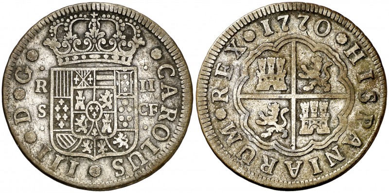 1770. Carlos III. Sevilla. CF. 2 reales. (AC. 779). 5,75 g. MBC-.