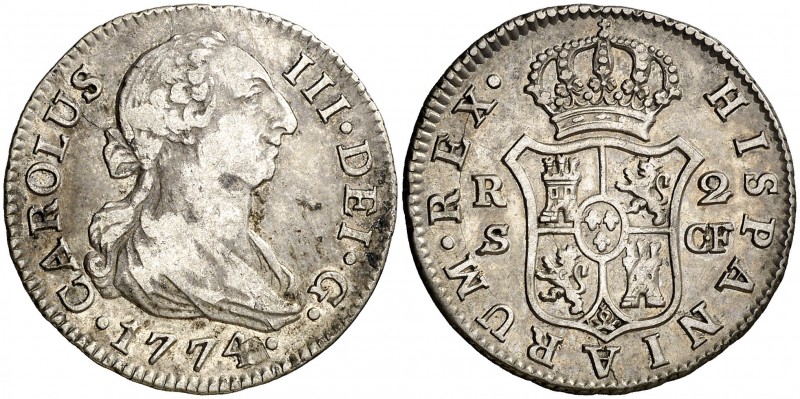 1774. Carlos III. Sevilla. CF. 2 reales. (AC. 782). 5,71 g. Ex Áureo 21/05/1996,...