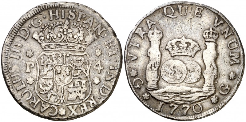 1770. Carlos III. Guatemala. P. 4 reales. (AC. 801). 13,15 g. Columnario. Rayita...