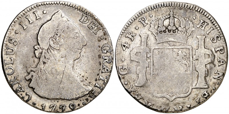 1779. Carlos III. Guatemala. P. 4 reales. (Barrera falta). 13,10 g. Falsa de épo...