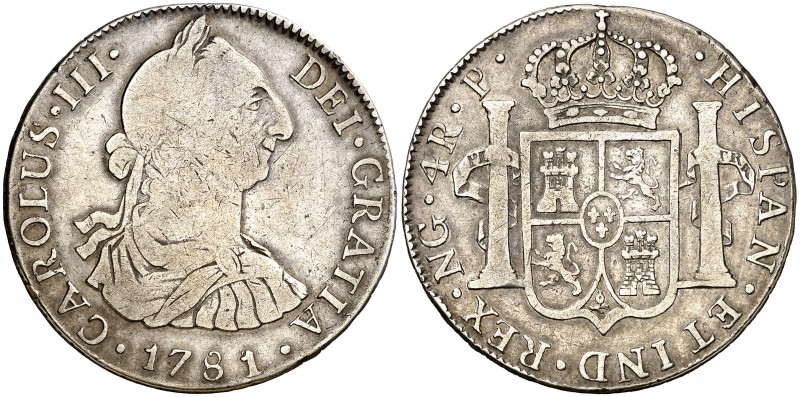 1781. Carlos III. Guatemala. P. 4 reales. (AC. 811). 13,25 g. Rayitas. Muy rara,...