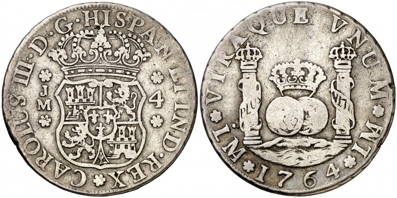 1764. Carlos III. Lima. JM. 4 reales. (AC. 821). 13,12 g. Columnario. Punto sobr...