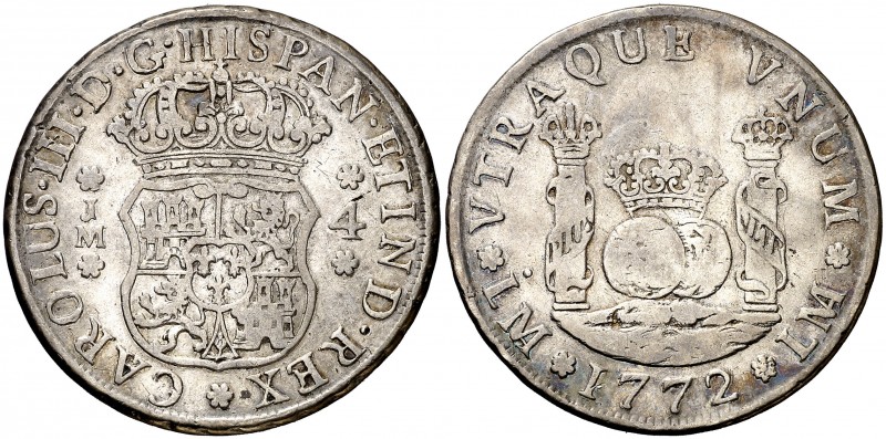 1772. Carlos III. Lima. JM. 4 reales. (AC. 830). 13,10 g. Columnario. Punto sobr...