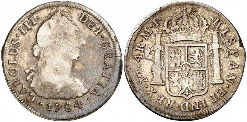 1784. Carlos III. Lima. MI. 4 reales. (AC. 846). 13 g. Golpecito. Rara, sólo hem...