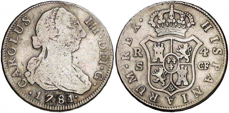 1781. Carlos III. Sevilla. CF. 4 reales. (AC. 987). 13,27 g. Golpecitos. Rara, s...