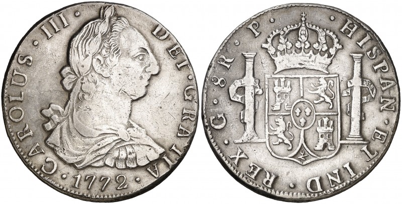 1772. Carlos III. Guatemala. P. 8 reales. (AC. 1005). 26,83 g. Primer año de bus...