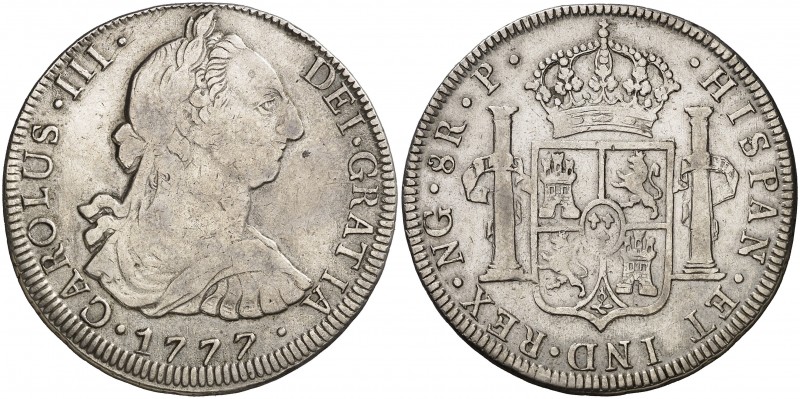 1777. Carlos III. Guatemala. P. 8 reales. (AC. 1009). 26,78 g. Muy escasa. MBC-.